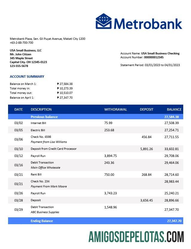 Realista Metrobank Enterprise Statement Modelo Word e PDF